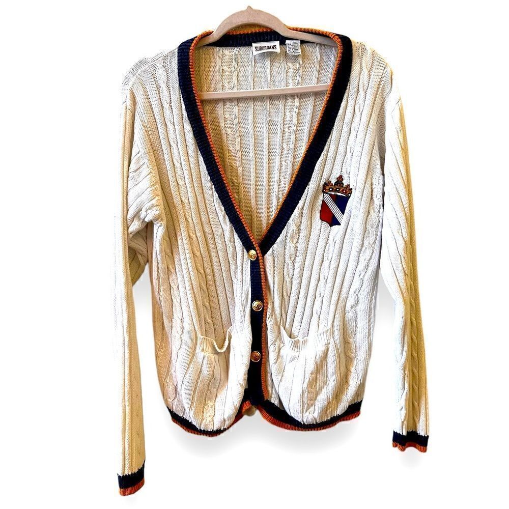 Signatures Button Down Cardigan Size M-L White Blue Orange Stripe Crest Academia